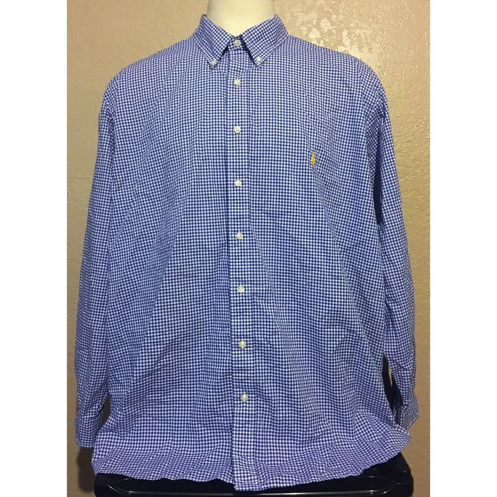 Polo Ralph Lauren Mens Sz 4XB Classic Fit Blue White Check Long Sleeve Shirt Big